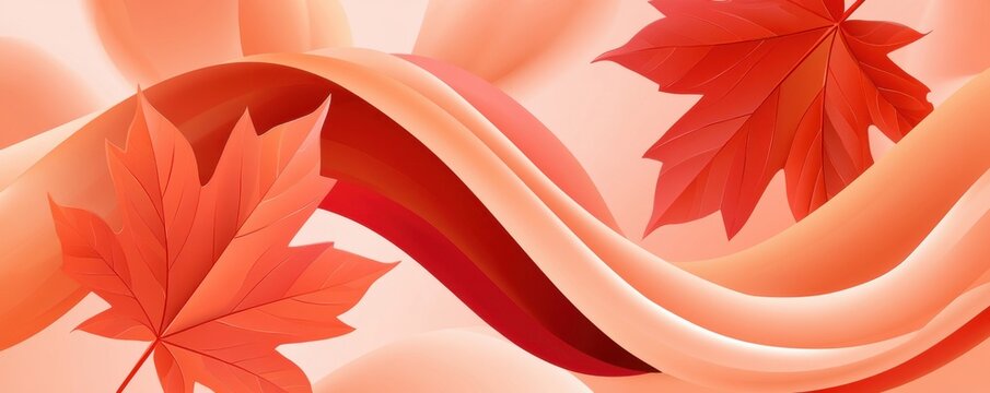 Autumn maple leaves drifting over soft flowing ribbons in warm orange and coral tones