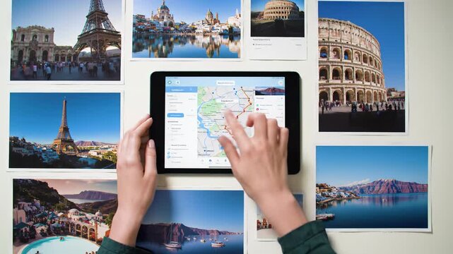 Hands arranging modern European prints on minimalist desk, interacting with tablet displaying map, soft light & bokeh. Concept of global travel planning