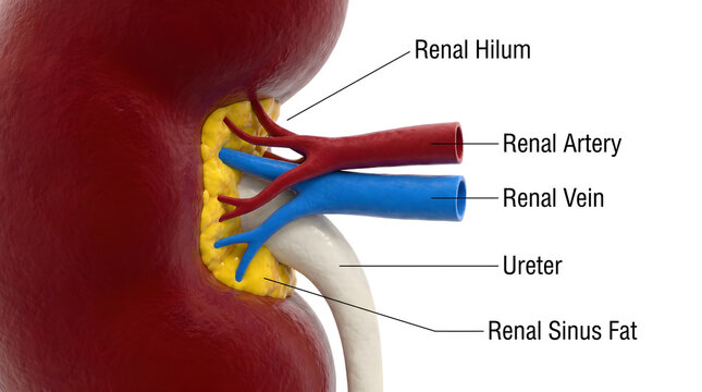 Detailed 3D medical illustration highlighting the essential anatomy of a human kidney, showcasing the renal artery, vein, ureter, and hilum structure
