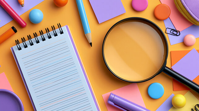 A colorful desk with a notebook, magnifying glass, and various stationery items scattered around