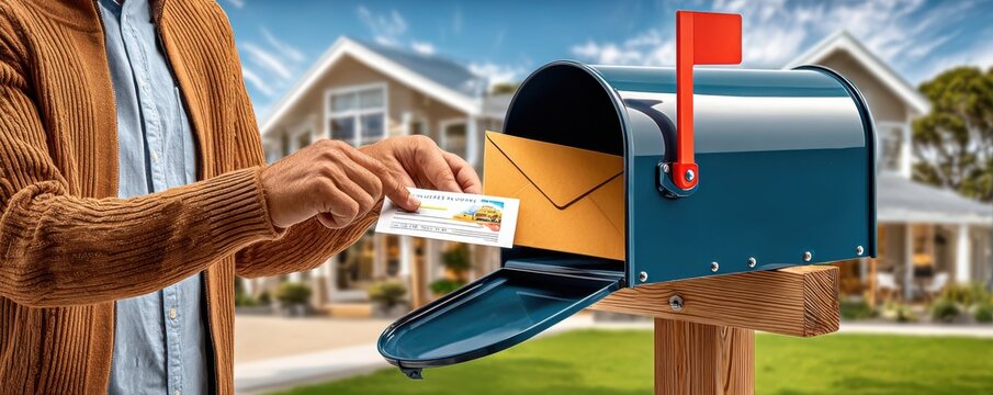 Person checking a mailbox and finding an envelope at a suburban family home