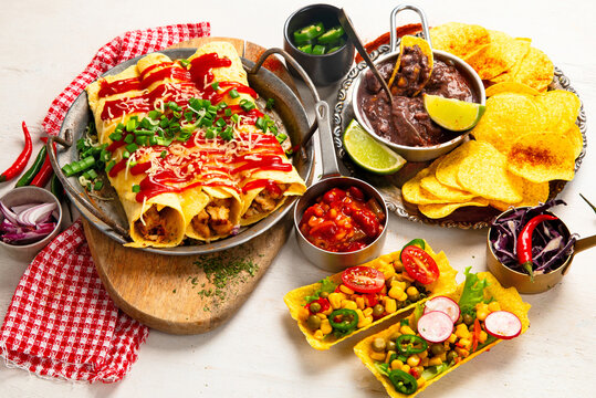 Mexican cuisine concept. Mexican food table with traditional dishes.