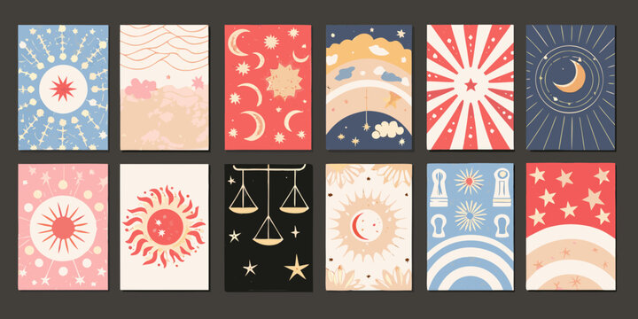 tarot card illustrations set of twelve decorative celestial designs