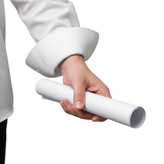 Fototapeta premium A close up view of a hand holding a rolled white paper document or a blueprint in the office isolated on transparent background