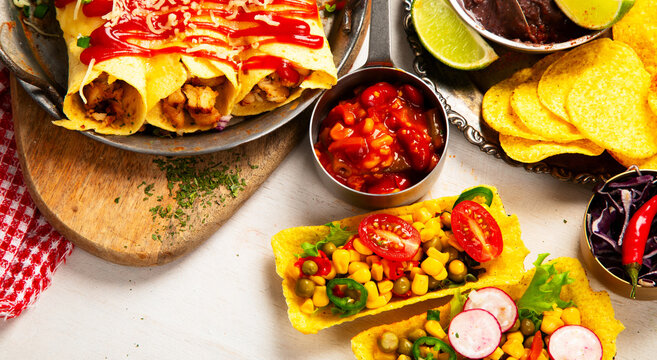 Mexican cuisine concept. Mexican food table with traditional dishes.