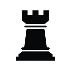 A bold black silhouette of a chess rook, featuring the classic castle turret and a wide base, isolated on a white background, representing strategy, power, and classic board game pieces © Jasim  Stock