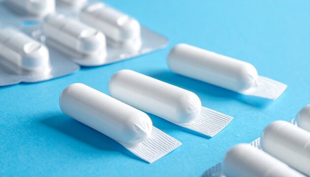Close‑up of white medical suppositories on blue background with blister packs, symbolizing pharmaceutical care, hygiene, and alternative drug delivery.