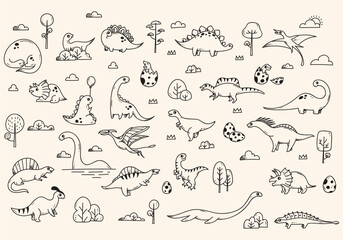 Set of doodle dinosaur elements in hand drawn style. collection of prehistoric animal illustrations. © Ayat