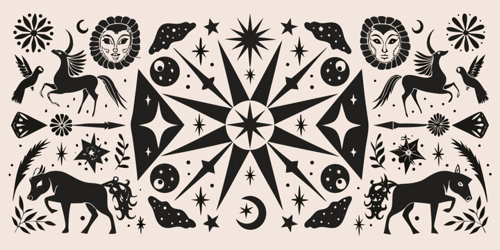mystical symbols and celestial motifs black silhouette illustration