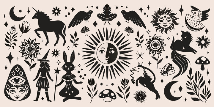 mystical silhouette collection with moon stars and magical creatures