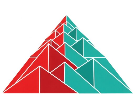 Geometric fractal triangle pattern with red and teal colors isolated on white background