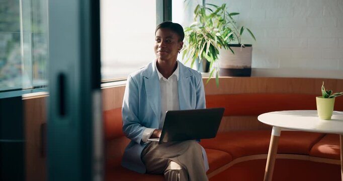 Business, black woman and reading with laptop at cafe for research, viewing agenda and real estate. Thinking, female realtor and digital for resale schedule, property listing and auction information