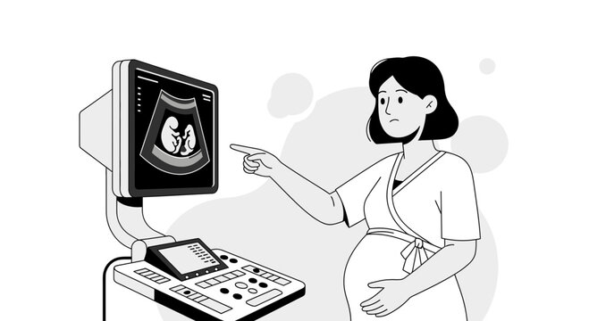 Pregnant Woman Examining Ultrasound Scan of Fetus Showing Organs