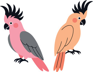 Cute Flat Style Pink and Peach Cockatoo Parrot Pair Vector Illustration for Nature and Wildlife Designs © DIPOK
