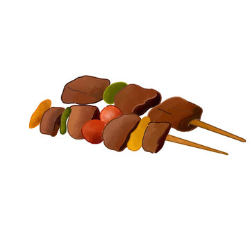 beef steaks with wooden skewers stringed meat  and vegetables. Barbecue Bliss with Juicy Grilled Meats. perfect for grilling and frying. A fun barbecue element featuring in a flat cartoon style.