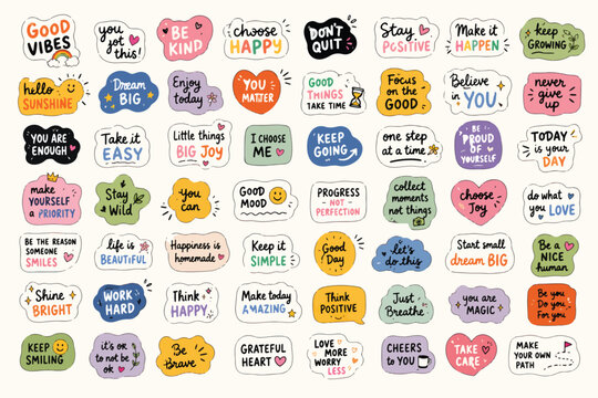 Inspirational sticker set with 56 motivational quotes, colorful hand-drawn typography labels, positive affirmation vector icons for planners and journals