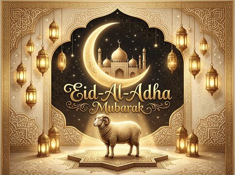 Eid Al Adha Mubarak Islamic Festival Celebration with Sheep and Mosque.