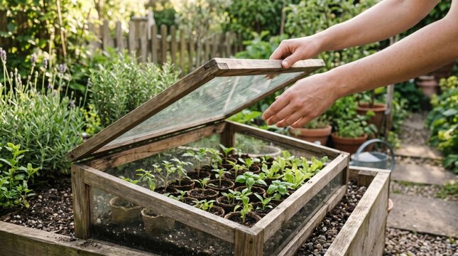 Person opening a wooden cold frame with young seedlings in a sunny garden, ideal for lifestyle articles, gardening websites, and eco-friendly marketing materials