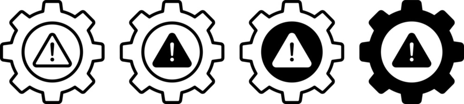 Set of gear icons with warning signs isolated on white background