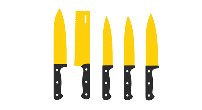 Set of Kitchen Knives, Chef Tools, Sharp Blades, Cooking Utensils, Yellow and Black