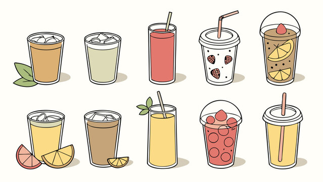 Vector illustration set of refreshing fruit smoothies and iced coffee drinks in disposable plastic cups