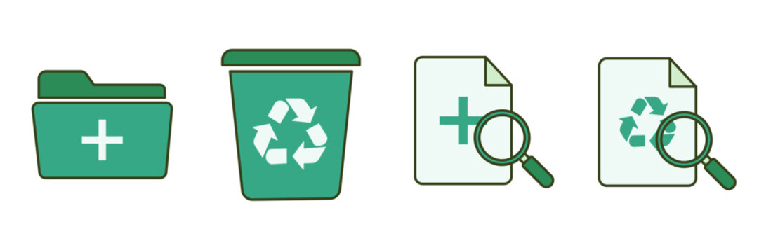 Green office document management icon set with folder recycle bin and file search commercial design