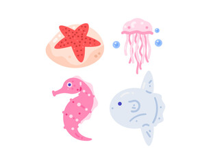 Fototapeta premium A collection of illustrations of decorative elements with a sea creature theme. World Oceans Day. Starfish, seahorse, sunfish, jellyfish. Cute sea animals. Symbols, icons, clip art, stickers, flat