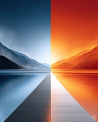 Obraz premium Split-screen sunrise and sunset over mirrored mountain lake with central pier and symmetry