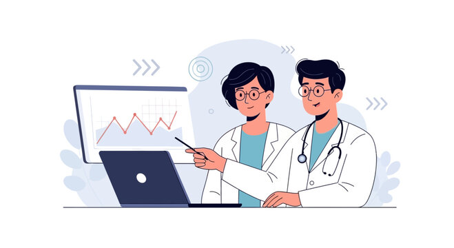 Doctors Analyze Medical Data on Laptop Screen with Graph