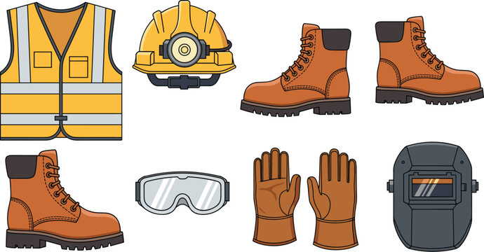 Industrial Construction Safety Personal Protective Equipment PPE Vector Icon Set Featuring High Visibility Vest Hard Hat Safety Boots Goggles Gloves and Welding Mask