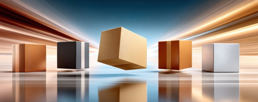 Dynamic delivery boxes in motion blur conveying fast shipping and modern logistics efficiency