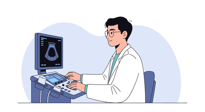 Doctor operating ultrasound machine and viewing sonogram scan