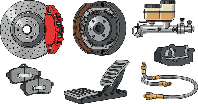 Automotive Car Brake System Replacement Parts Vector Icon Set Featuring Disc Rotor Red Caliper Drum Brakes Master Cylinder Pedal Pads Hoses and Lining