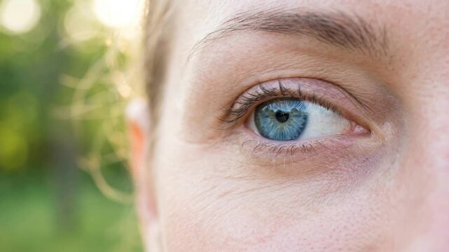 Extreme close up view of a blue human eye looking directly into the camera lens
