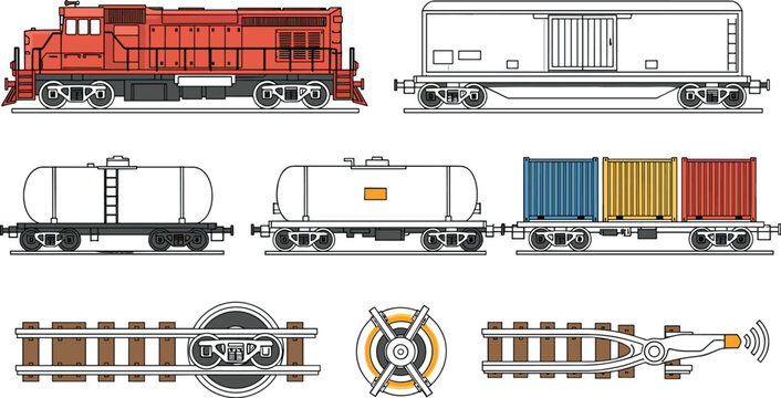 Freight Train and Logistics Railway Vector Icon Set Featuring Diesel Locomotive Cargo Boxcar Tanker Wagons Shipping Containers Tracks and Turntable