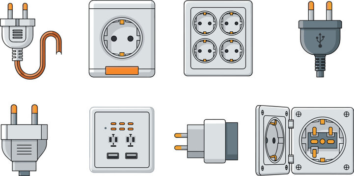 Electrical Power Plug and Wall Socket Vector Icon Set Featuring Type F Schuko Outlets Multi Plugs USB Charger Ports and Waterproof Covered Receptacles