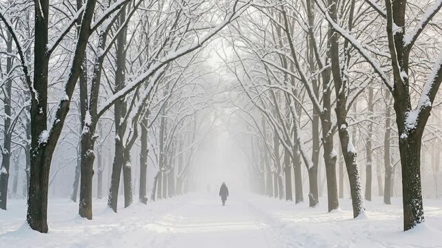 Lone person walking down a snow covered path lined with tall leafless trees in a foggy winter park