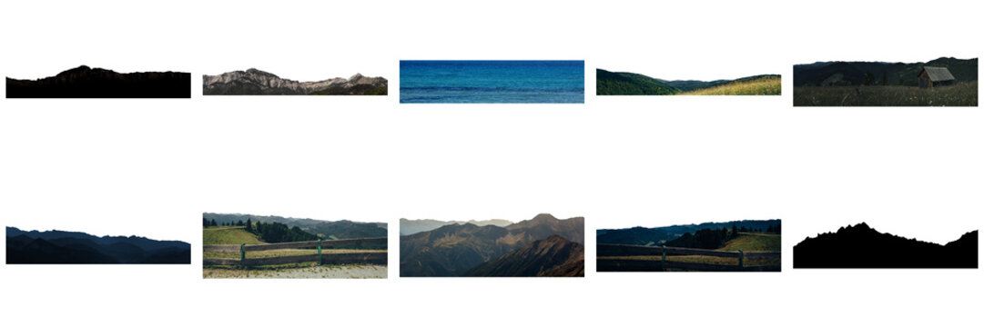 Collection of panoramic mountain ranges on a transparent background in high quality