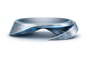 Futuristic metallic arch podium with cyber blue neon light isolated on white background for product presentation