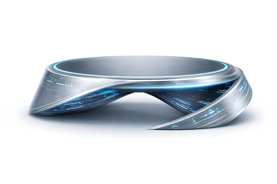 Futuristic metallic arch podium with cyber blue neon light isolated on white background for product presentation