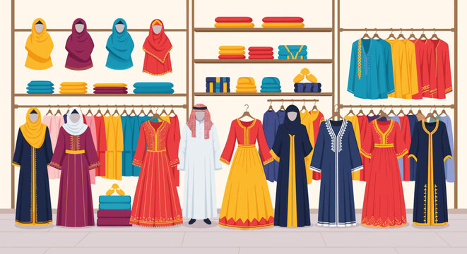 Vibrant Eid Al Adha clothing store display with diverse traditional garments and accessories on shelves and racks for customers to buy during festive season celebrations.