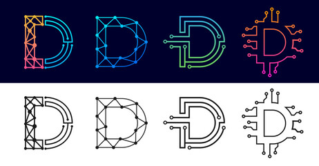 Letter D technology logo design set featuring circuit, network node, and geometric polygon mesh styles in colored and black-and-white versions. © ismadesign