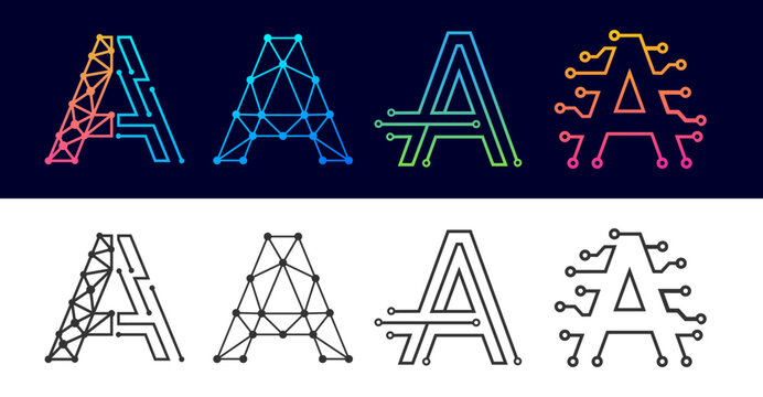 Letter A technology logo design set featuring circuit, network node, and geometric polygon mesh styles in colored and black-and-white versions.