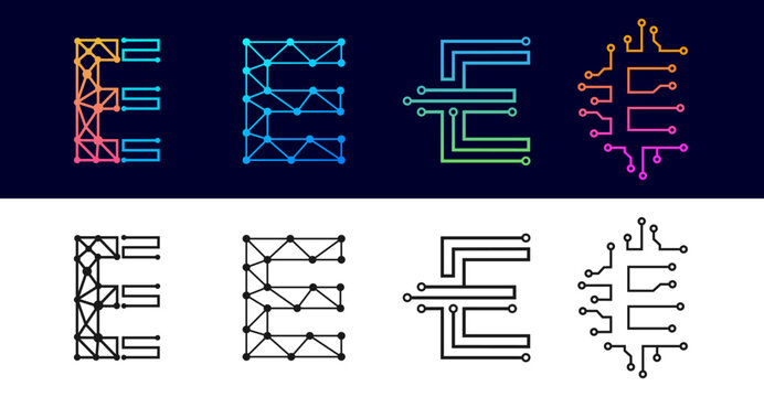 Letter E technology logo design set featuring circuit, network node, and geometric polygon mesh styles in colored and black-and-white versions.