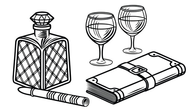 Vector illustration of a crystal whiskey decanter with two wine glasses and a closed book decanter beverage