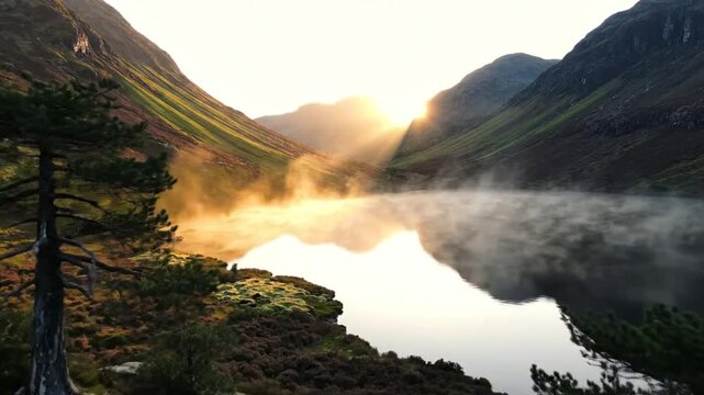 Stunning sunrise over misty lake nestled in a green valley between majestic mountains with sunrays illuminating the scene