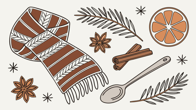 Vector illustration of a cozy winter composition featuring a knit scarf cinnamon sticks and orange slices