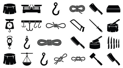 Black silhouette tool icons, 25 industrial symbols, toolbox graphics, rope and hook illustrations © Mir