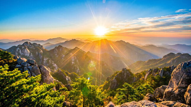 Golden sunrise over mountain peaks and rocky terrain