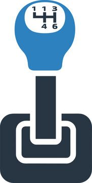 Manual gear stick shift knob showing six speed pattern diagram in blue and dark grey flat vector illustration.